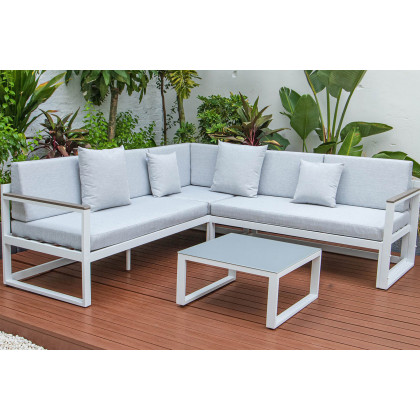 LeisureMod Chelsea White Sectional with Adjustable Headrest and Coffee Table with Cushions - Light Gray
