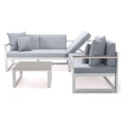 LeisureMod Chelsea White Sectional with Adjustable Headrest and Coffee Table with Cushions - Light Gray