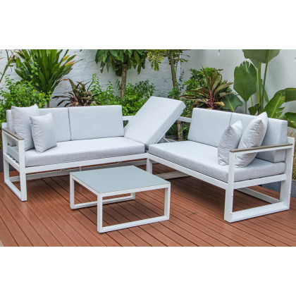 LeisureMod Chelsea White Sectional with Adjustable Headrest and Coffee Table with Cushions - Light Gray
