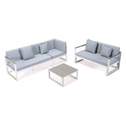LeisureMod Chelsea White Sectional with Adjustable Headrest and Coffee Table with Cushions - Light Gray