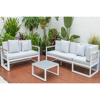 LeisureMod Chelsea White Sectional with Adjustable Headrest and Coffee Table with Cushions - Light Gray