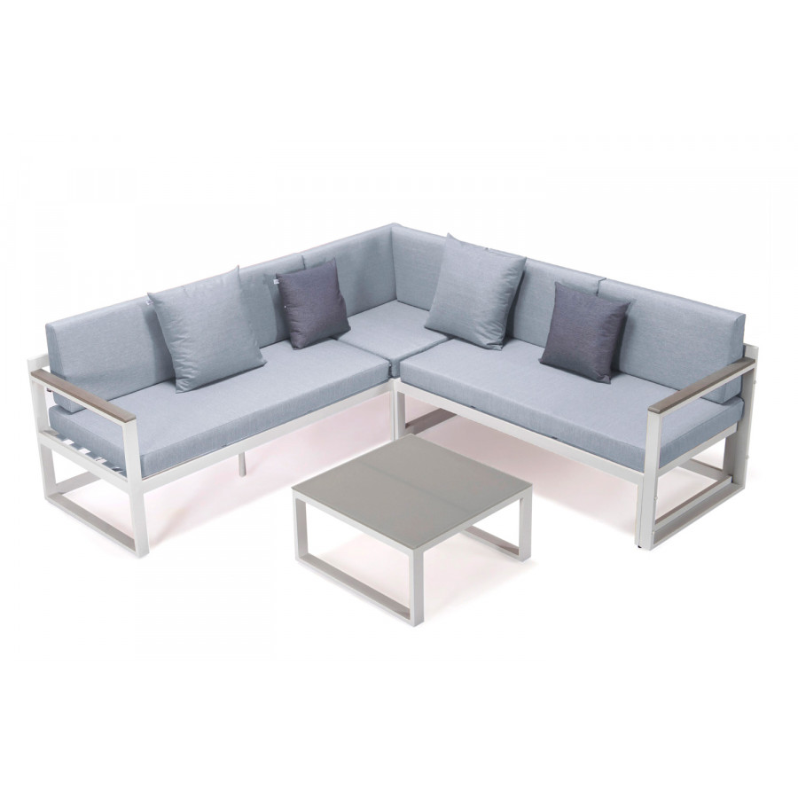 LeisureMod Chelsea White Sectional with Adjustable Headrest and Coffee Table with Two Tone Cushions - Light Gray