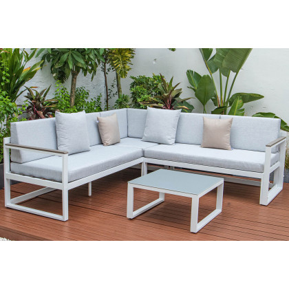 LeisureMod Chelsea White Sectional with Adjustable Headrest and Coffee Table with Two Tone Cushions - Light Gray