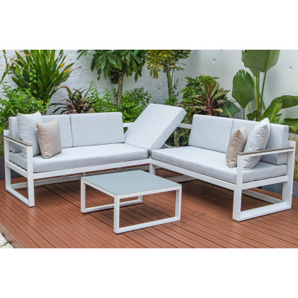 LeisureMod Chelsea White Sectional with Adjustable Headrest and Coffee Table with Two Tone Cushions - Light Gray