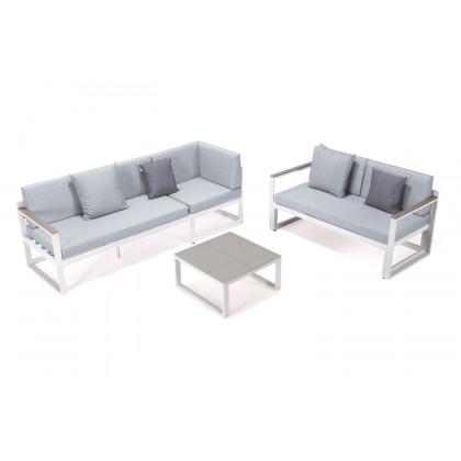 LeisureMod Chelsea White Sectional with Adjustable Headrest and Coffee Table with Two Tone Cushions - Light Gray