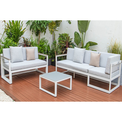 LeisureMod Chelsea White Sectional with Adjustable Headrest and Coffee Table with Two Tone Cushions - Light Gray