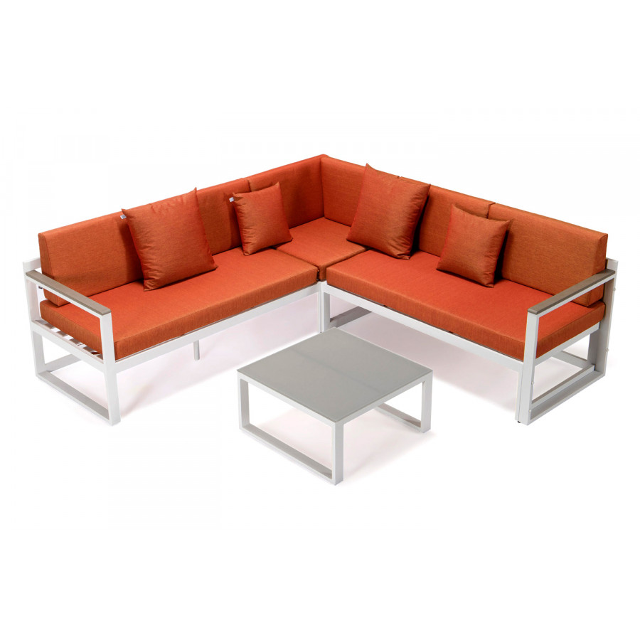 LeisureMod Chelsea White Sectional with Adjustable Headrest and Coffee Table with Cushions - Orange