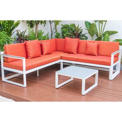 LeisureMod Chelsea White Sectional with Adjustable Headrest and Coffee Table with Cushions - Orange