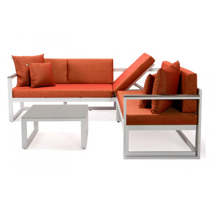 LeisureMod Chelsea White Sectional with Adjustable Headrest and Coffee Table with Cushions - Orange