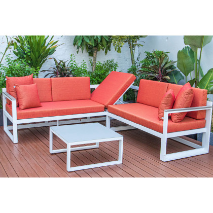 LeisureMod Chelsea White Sectional with Adjustable Headrest and Coffee Table with Cushions - Orange