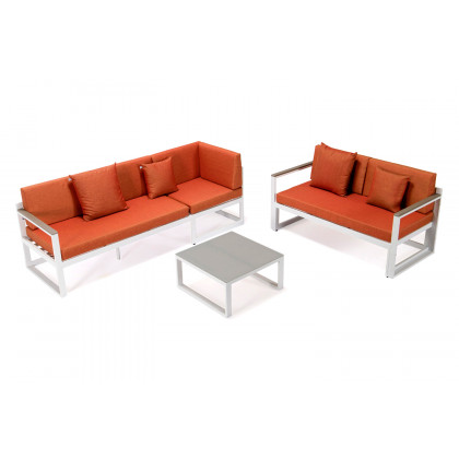 LeisureMod Chelsea White Sectional with Adjustable Headrest and Coffee Table with Cushions - Orange