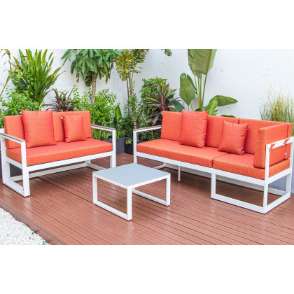 LeisureMod Chelsea White Sectional with Adjustable Headrest and Coffee Table with Cushions - Orange