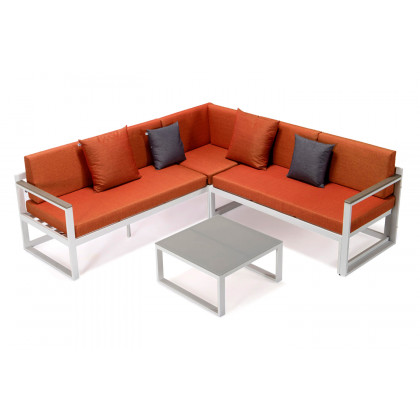 LeisureMod - Chelsea White Sectional with Adjustable Headrest and Coffee Table with Two Tone Cushions