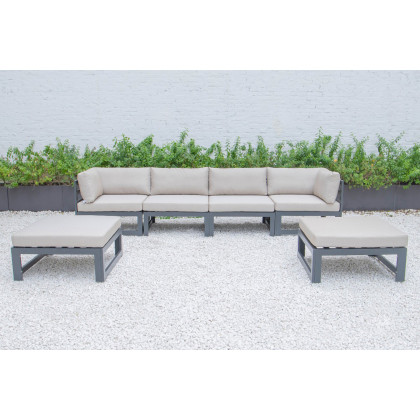 LeisureMod Chelsea 6-Piece Patio Ottoman Sectional Black Aluminum with Cushions - Beige