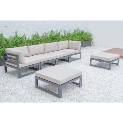 LeisureMod Chelsea 6-Piece Patio Ottoman Sectional Black Aluminum with Cushions - Beige