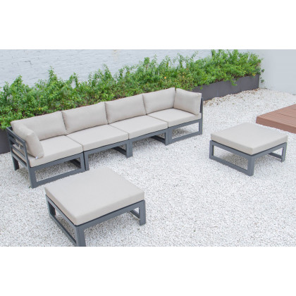 LeisureMod Chelsea 6-Piece Patio Ottoman Sectional Black Aluminum with Cushions - Beige
