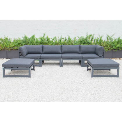 LeisureMod - Chelsea 6-Piece Patio Ottoman Sectional Black Aluminum with Cushions