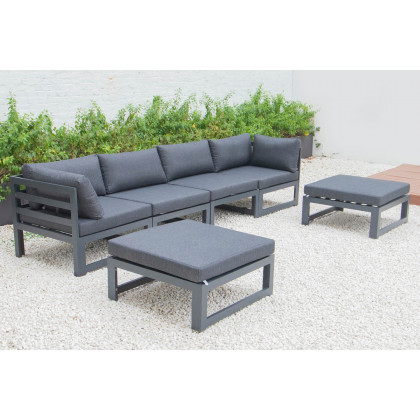 LeisureMod Chelsea 6-Piece Patio Ottoman Sectional Black Aluminum with Cushions - Black