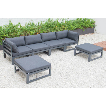 LeisureMod Chelsea 6-Piece Patio Ottoman Sectional Black Aluminum with Cushions - Black