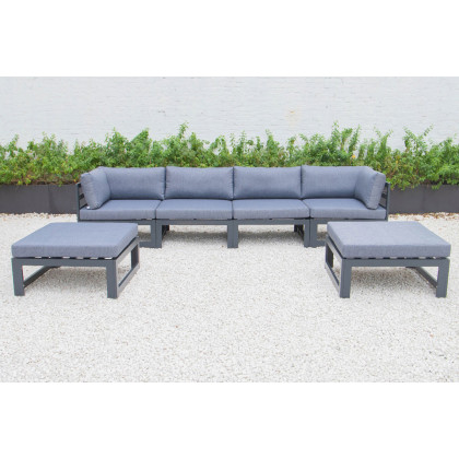 LeisureMod - Chelsea 6-Piece Patio Ottoman Sectional Black Aluminum with Cushions
