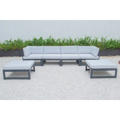 LeisureMod Chelsea 6-Piece Patio Ottoman Sectional Black Aluminum with Cushions - Light Gray