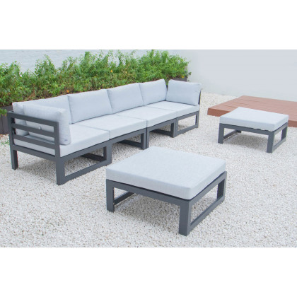 LeisureMod Chelsea 6-Piece Patio Ottoman Sectional Black Aluminum with Cushions - Light Gray