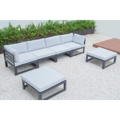 LeisureMod Chelsea 6-Piece Patio Ottoman Sectional Black Aluminum with Cushions - Light Gray