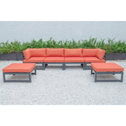 LeisureMod Chelsea 6-Piece Patio Ottoman Sectional Black Aluminum with Cushions - Orange