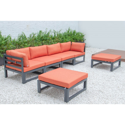 LeisureMod Chelsea 6-Piece Patio Ottoman Sectional Black Aluminum with Cushions - Orange