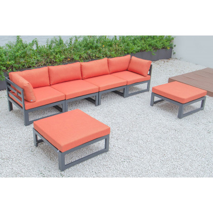 LeisureMod Chelsea 6-Piece Patio Ottoman Sectional Black Aluminum with Cushions - Orange