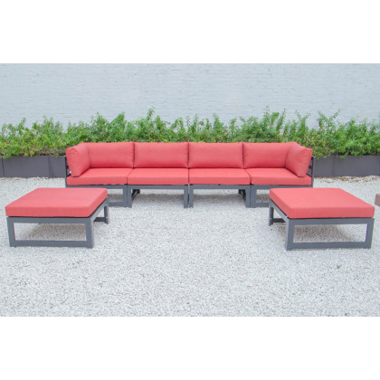 LeisureMod Chelsea 6-Piece Patio Ottoman Sectional Black Aluminum with Cushions - Red