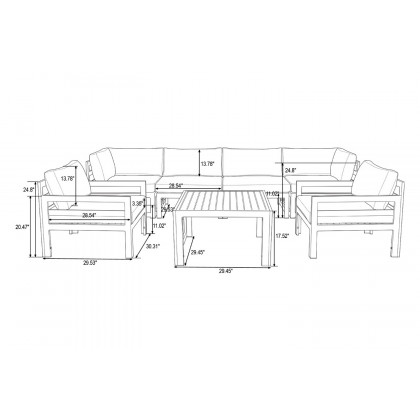 LeisureMod Chelsea 7-Piece Patio Sectional with 2 Arm Chairs and Coffee Table Set Black Aluminum with Cushions - Black