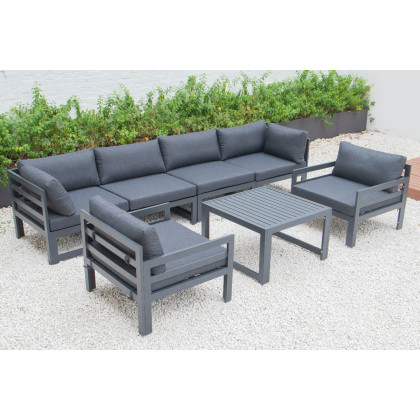 LeisureMod Chelsea 7-Piece Patio Sectional with 2 Arm Chairs and Coffee Table Set Black Aluminum with Cushions - Black