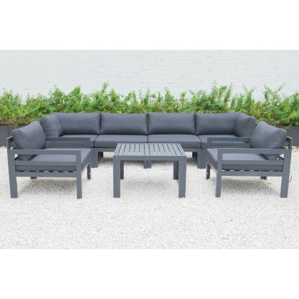 LeisureMod Chelsea 7-Piece Patio Sectional with 2 Arm Chairs and Coffee Table Set Black Aluminum with Cushions - Black