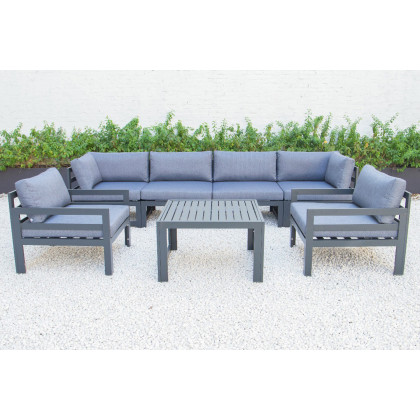 LeisureMod Chelsea 7-Piece Patio Sectional with 2 Arm Chairs and Coffee Table Set Black Aluminum with Cushions - Blue