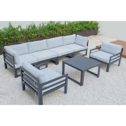 LeisureMod Chelsea 7-Piece Patio Sectional with 2 Arm Chairs and Coffee Table Set Black Aluminum with Cushions - Light Gray