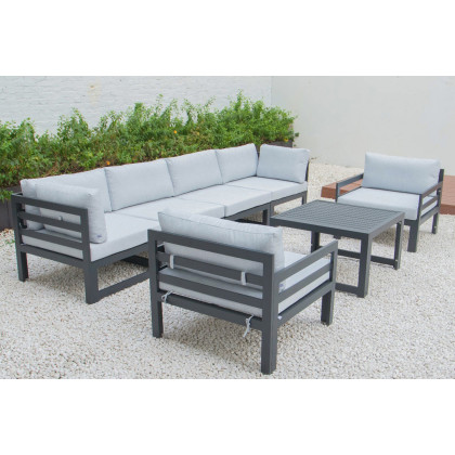 LeisureMod Chelsea 7-Piece Patio Sectional with 2 Arm Chairs and Coffee Table Set Black Aluminum with Cushions - Light Gray