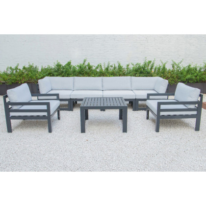 LeisureMod Chelsea 7-Piece Patio Sectional with 2 Arm Chairs and Coffee Table Set Black Aluminum with Cushions - Light Gray