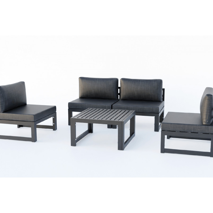 LeisureMod Chelsea 5-Piece Middle Patio Chairs and Coffee Table Set Black Aluminum with Cushions - Black