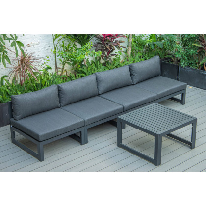 LeisureMod Chelsea 5-Piece Middle Patio Chairs and Coffee Table Set Black Aluminum with Cushions - Black