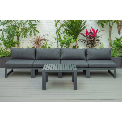 LeisureMod Chelsea 5-Piece Middle Patio Chairs and Coffee Table Set Black Aluminum with Cushions - Black