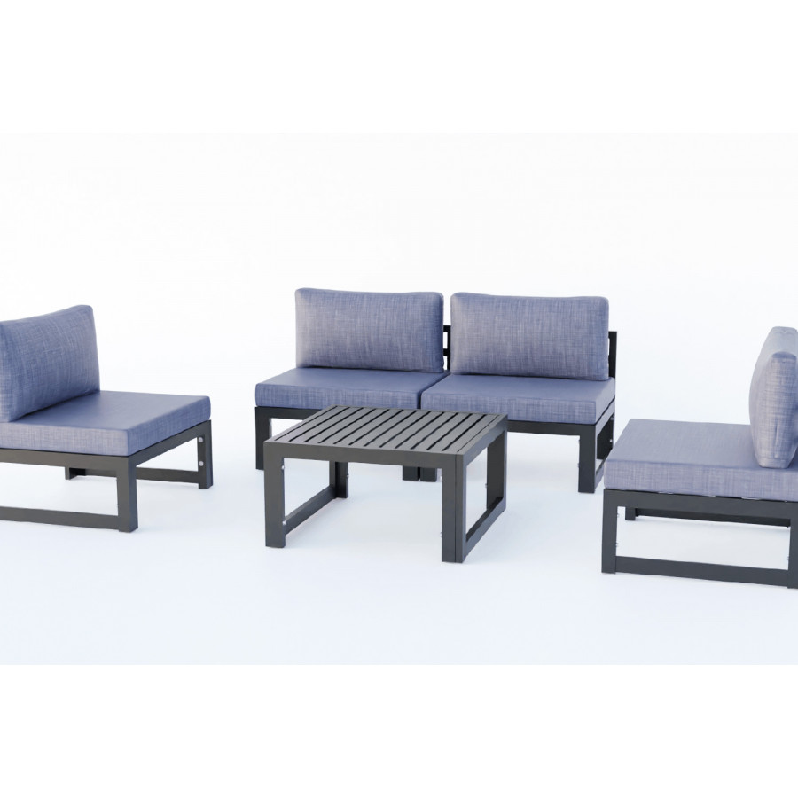 LeisureMod Chelsea 5-Piece Middle Patio Chairs and Coffee Table Set Black Aluminum with Cushions - Blue
