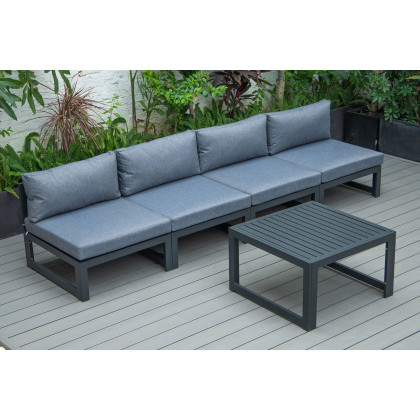 LeisureMod Chelsea 5-Piece Middle Patio Chairs and Coffee Table Set Black Aluminum with Cushions - Blue