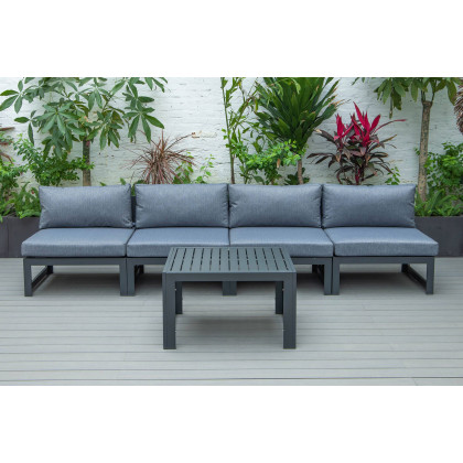 LeisureMod Chelsea 5-Piece Middle Patio Chairs and Coffee Table Set Black Aluminum with Cushions - Blue