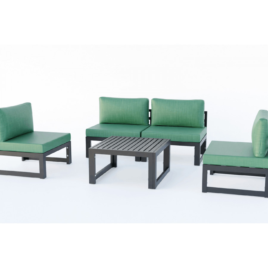 LeisureMod Chelsea 5-Piece Middle Patio Chairs and Coffee Table Set Black Aluminum with Cushions - Green
