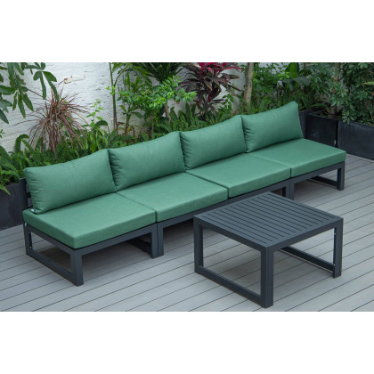 LeisureMod Chelsea 5-Piece Middle Patio Chairs and Coffee Table Set Black Aluminum with Cushions - Green