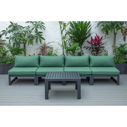LeisureMod Chelsea 5-Piece Middle Patio Chairs and Coffee Table Set Black Aluminum with Cushions - Green