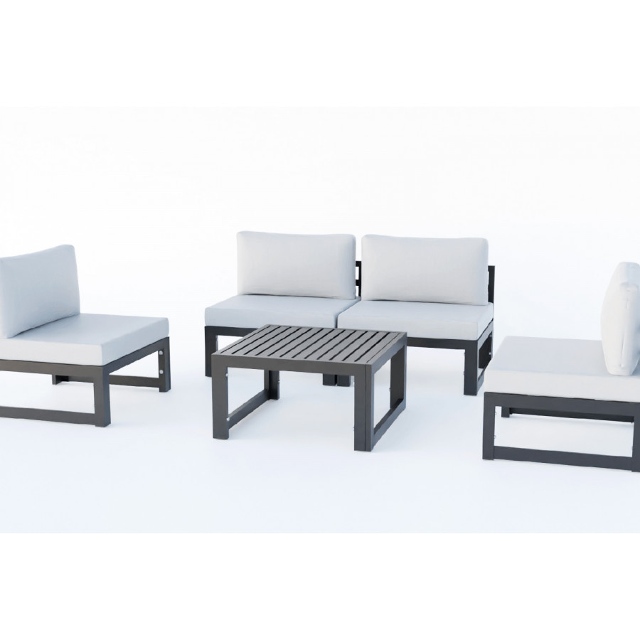 LeisureMod Chelsea 5-Piece Middle Patio Chairs and Coffee Table Set Black Aluminum with Cushions - Light Gray