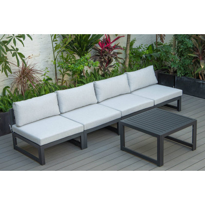 LeisureMod Chelsea 5-Piece Middle Patio Chairs and Coffee Table Set Black Aluminum with Cushions - Light Gray