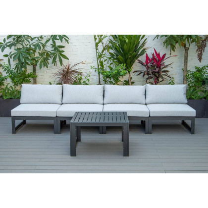 LeisureMod Chelsea 5-Piece Middle Patio Chairs and Coffee Table Set Black Aluminum with Cushions - Light Gray